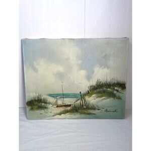 Vintage Beach Landscape Oil Painting Signed Coastal Dunes Sailboat 16x20 Canvas